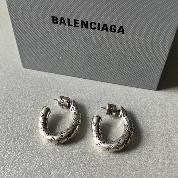 BALENCIAGA twist logo silver brass hoop earrings - Picture 1 of 6